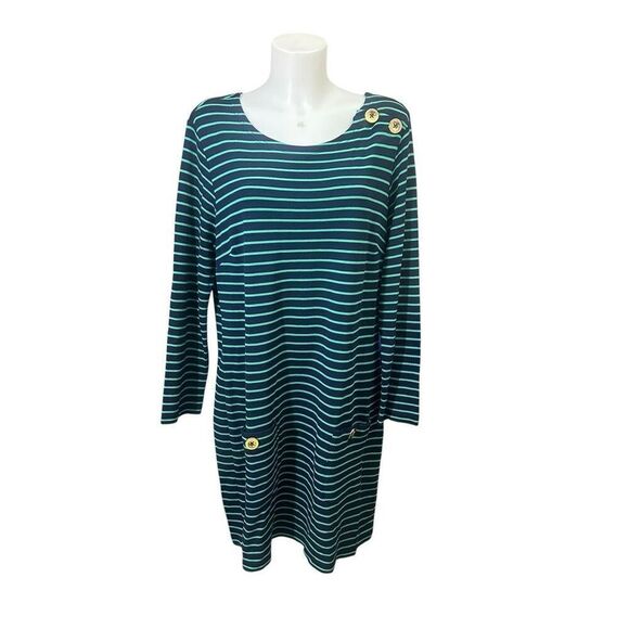 Sail To Sable Long Sleeve‎ Striped Green Navy Tunic Dress XL New Gold Buttons - Picture 1 of 10